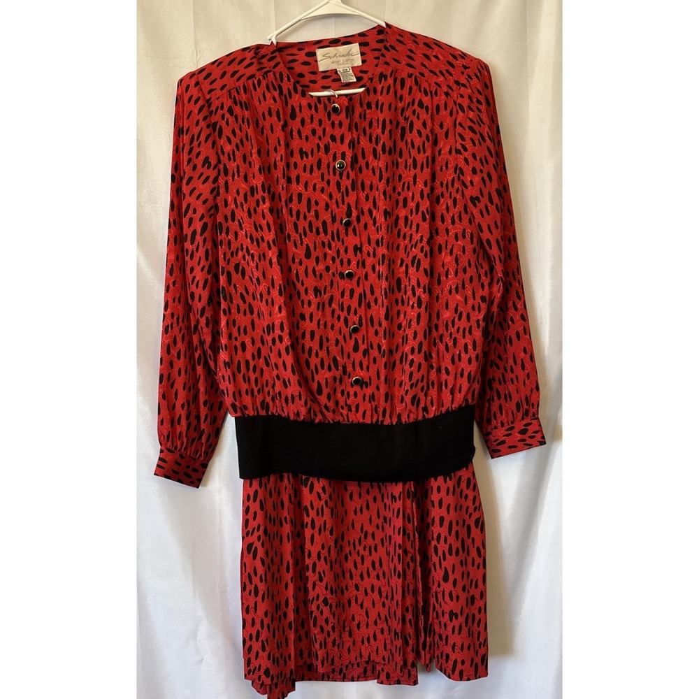 Vtg 80s Two Piece Set Sheer Red Animal Print Waist Band Blouse & Midi Skirt 14